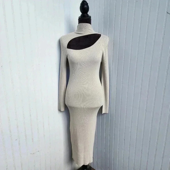 FOREVER 21 Women's Ribbed Textured Cutout Midi Dress Beige Pullover Sz M - Picture 1 of 14